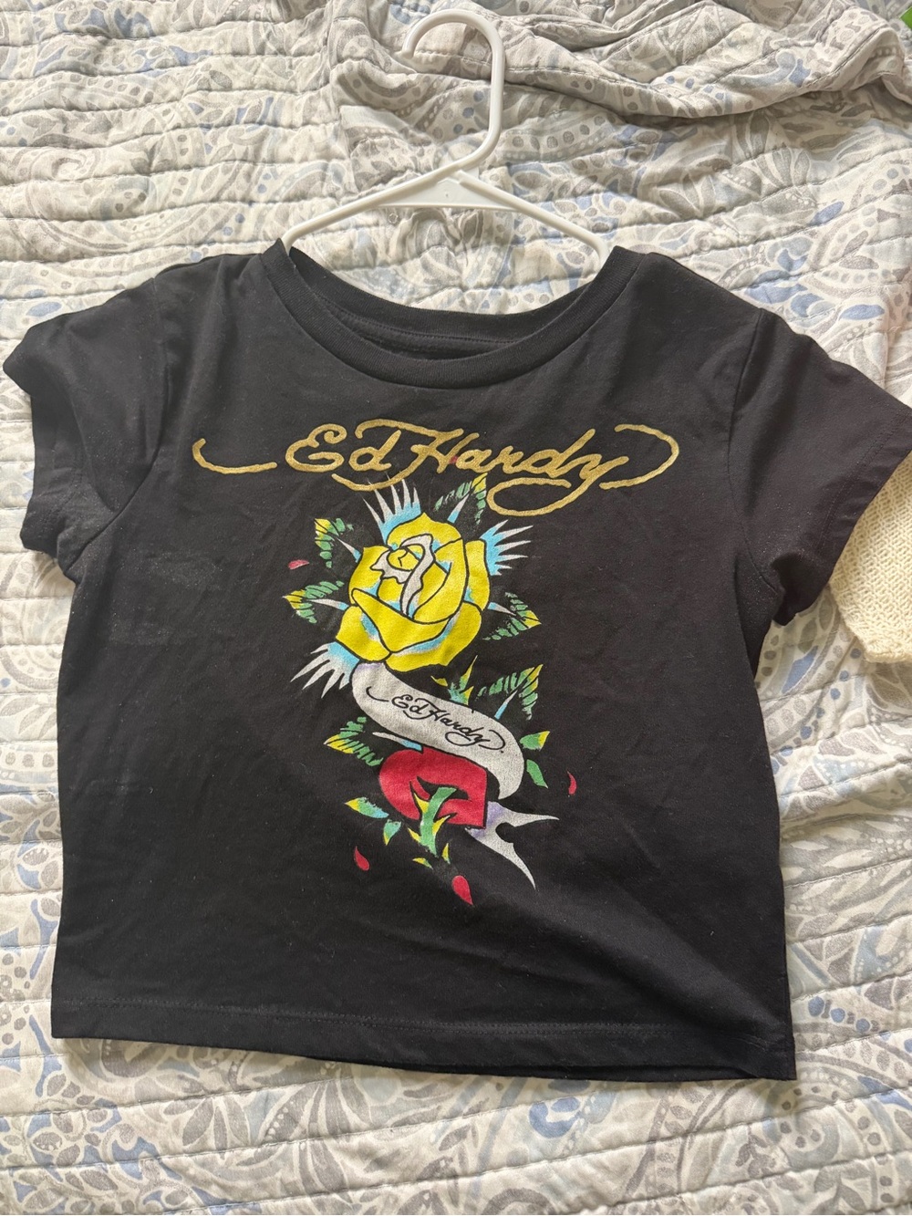 Ed Hardy Black Short Sleeve Tee with Yellow Rose Graphic